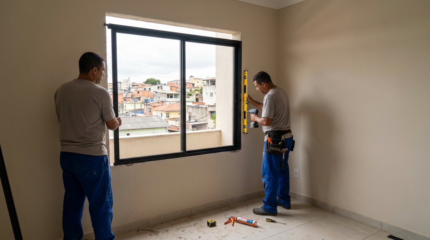 Esquadria de alumínio em quarto bege em São Luís-MA