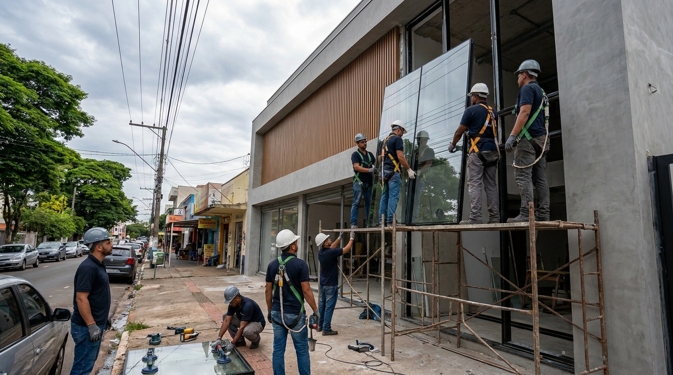 Fachada de vidro com andaime lateral em São Luís-MA