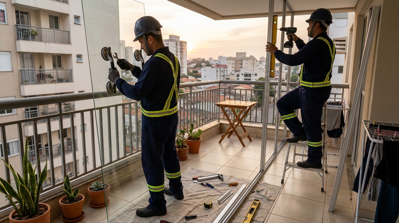 Instalação de parede de vidro em sacada em São Luís-MA