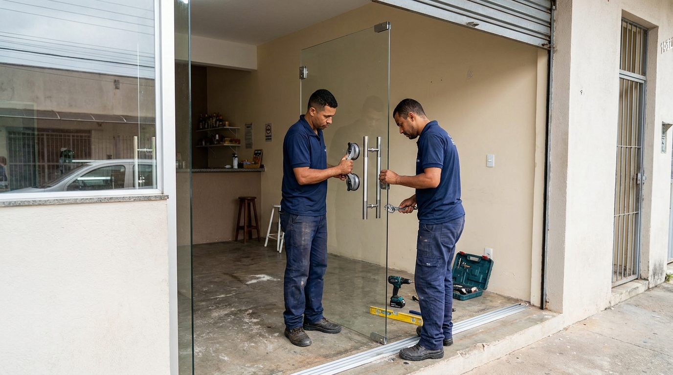 Dupla instalando porta de vidro em loja em São Luís-MA