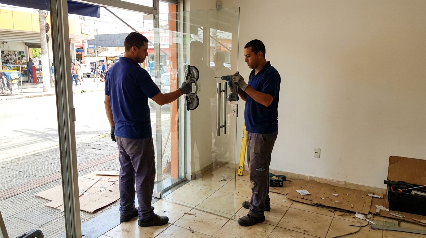 Porta de vidro de loja em rua movimentada em São Luís-MA
